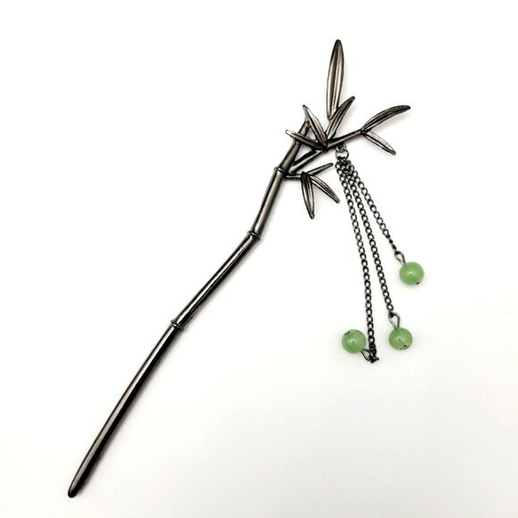 Brand New Titanium Black Bamboo With Green Jade Hair Pin - Picture 1 of 7